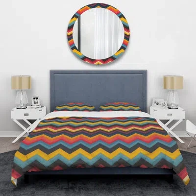 Design Art Blue Orange Chevron Harmony I - Chevron Duvet Cover Set In Blue;orange