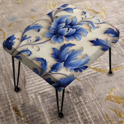 Design Art Blue Ornamental Frames Victorian Pattern Ii - Floral Rectangle Ottoman