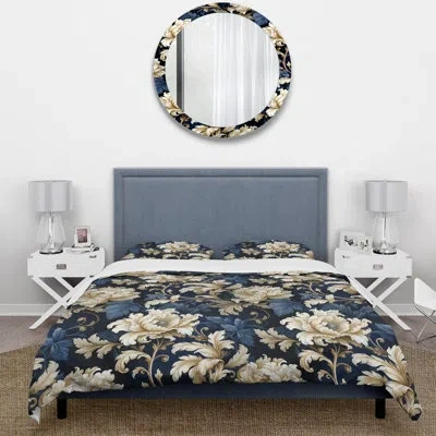 Design Art Blue Peonies Regal Damask Opulence - Floral Duvet Cover Set - Microfiber Polyester In Blue;beige