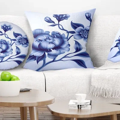 Design Art Blue Peony Rose And Sakura Flowers - Floral Printed Pillow