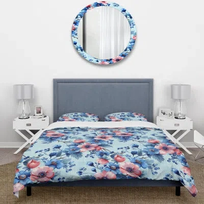Design Art Blue Pink Floral Wreath Iii - Traditional Duvet Cover Set In Blue;pink