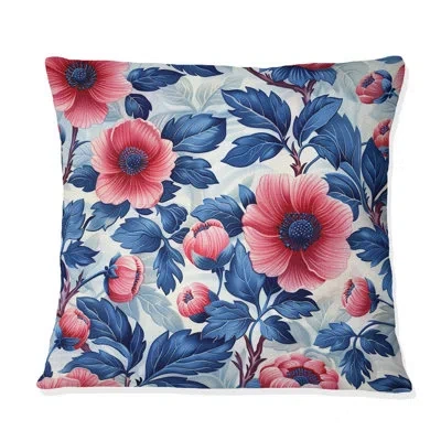 Design Art Blue Pink Traditional Flower Garden I - Traditional Throw Pillow In Blue;pink
