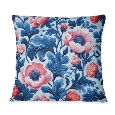 Design Art Blue Pink Traditional Flower Garden Ii - Traditional Throw Pillow In Blue;pink