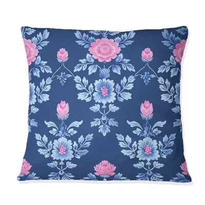 Design Art Blue Pink Traditional Flower Garden Iv - Traditional Throw Pillow In Blue;pink