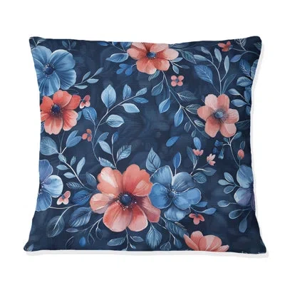 Design Art Blue Pink Traditional Flower Garden Ix - Traditional Throw Pillow In Blue;pink