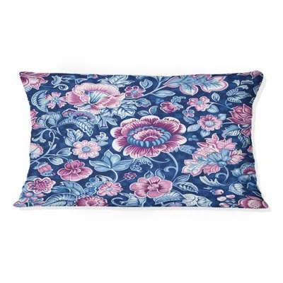 Design Art Blue Pink Traditional Flower Garden V - Traditional Lumbar Pillow In Blue;pink