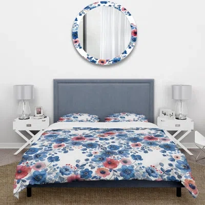 Design Art Blue Pink Traditional Flower Garden Viii - Traditional Duvet Cover Set In Blue;pink