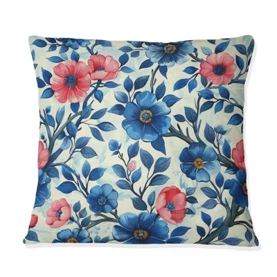 Design Art Blue Pink Traditional Flower Garden X - Traditional Throw Pillow In Blue;pink