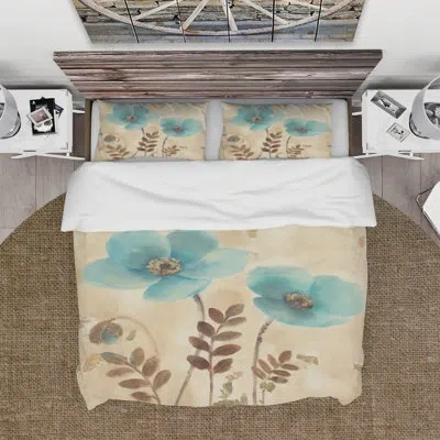 Design Art Blue Poppies Cottage Flowers I - Farmhouse Duvet Cover Set - Microfiber Polyester In Beige