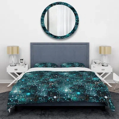 Design Art Blue Quantum Matrix Vision Geometric - Geometric Duvet Cover Set In White;teal