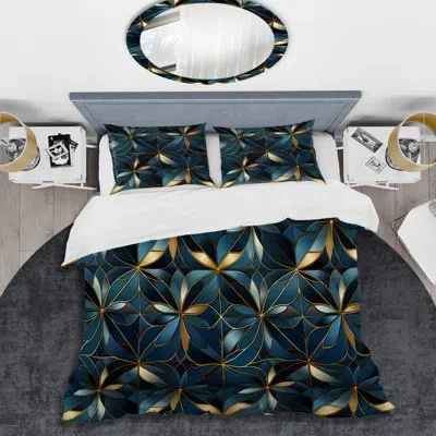 Design Art Blue Quantum Mosaic Vision Geometric Duvet Cover Set In Gold;teal