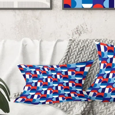 Design Art Blue, Red & White Polka Dots - Mid-century Modernprinted Throw Pillow