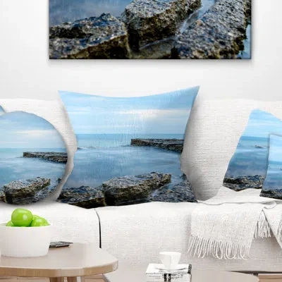 Design Art Blue Rocky Seashore - Sea & Shore Printed Pillow