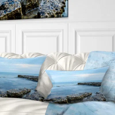 Design Art Blue Rocky Seashore - Sea & Shore Printed Throw Pillow