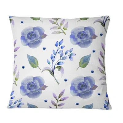 Design Art Blue Roses With Vintage Leaves - Traditional Printed Throw Pillow In Blue;white