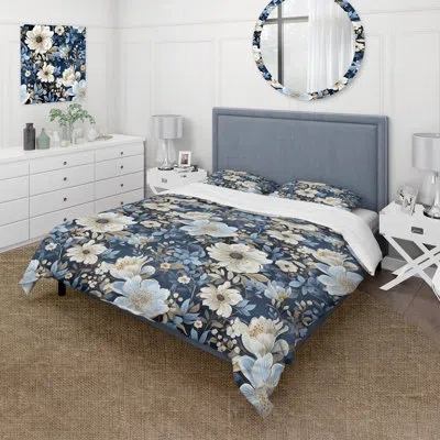 Design Art Blue Rustic Charm Floral Pattern Duvet Cover Set In Blue;white