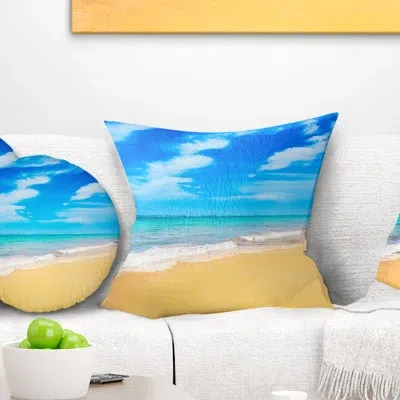 Design Art Blue Sandy Tropical Sea Beach - Sea & Shore Printed Throw Pillow In Gold