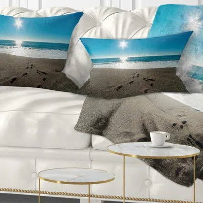 Design Art Blue Sea And Footprints In Sand - Sea & Shore Printed Pillow