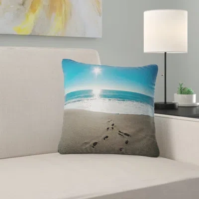 Design Art Blue Sea And Footprints In Sand - Sea & Shore Printed Pillow