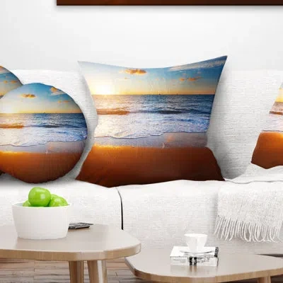 Design Art Blue Sea And Sky With Sandy Beach - Sea & Shore Printed Pillow