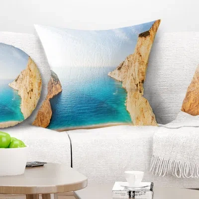 Design Art Blue Sea In Between Big Rocks - Sea & Shore Printed Throw Pillow