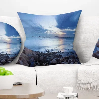 Design Art Blue Sea Sunset On Sandy Coastline - Sea & Shore Printed Throw Pillow