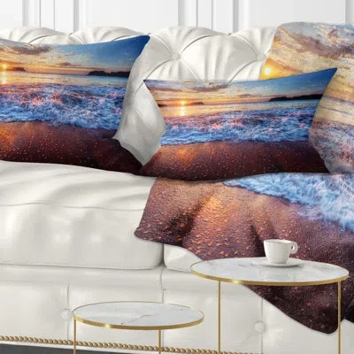 Design Art Blue Sea Waves During Sunset - Sea & Shore Printed Throw Pillow