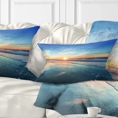 Design Art Blue Seashore With Distant Sunset - Sea & Shore Printed Pillow In Blue;orange