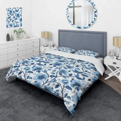 Design Art Blue Silver Floral Gardens I - Transitional Duvet Cover Set In Blue;silver