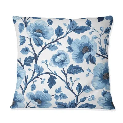 Design Art Blue Silver Floral Gardens I - Transitional Throw Pillow In Blue;silver