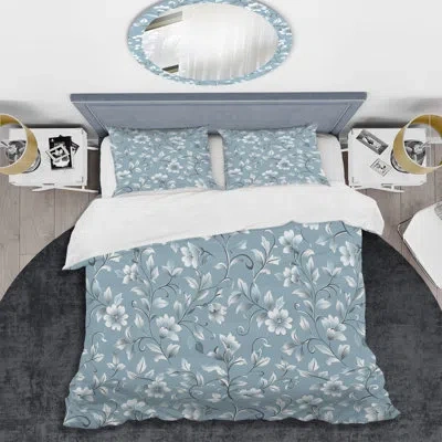 Design Art Blue Silver Floral Gardens Ii - Transitional Duvet Cover Set In Blue;silver