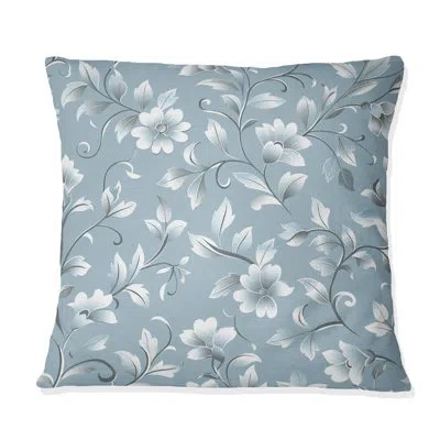 Design Art Blue Silver Floral Gardens Ii - Transitional Throw Pillow In Blue;silver