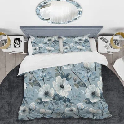 Design Art Blue Silver Floral Gardens Iv - Transitional Duvet Cover Set In Blue;silver