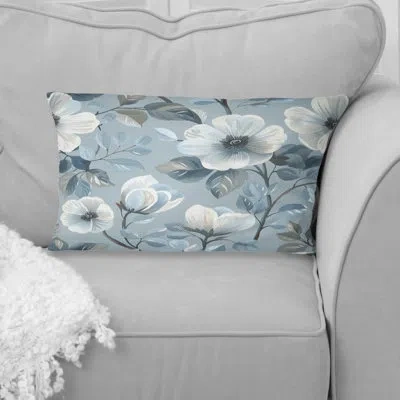Design Art Blue Silver Floral Gardens Iv - Transitional Lumbar Pillow In Blue;silver