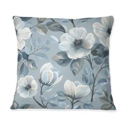 Design Art Blue Silver Floral Gardens Iv - Transitional Throw Pillow In Blue;silver