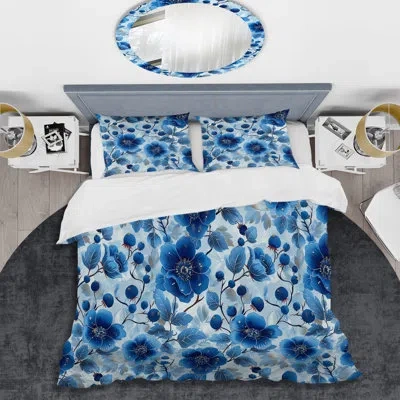 Design Art Blue Silver Flower Gardens - Glam Duvet Cover Set In Blue;silver