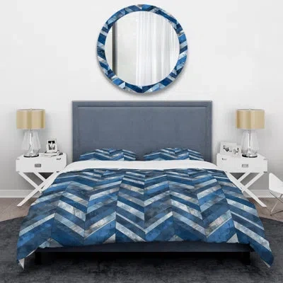 Design Art Blue Silver Metallic Chevron Glam I - Glam Duvet Cover Set In Blue;silver
