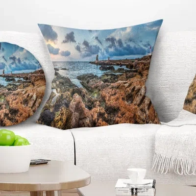 Design Art Blue Sky Over Rough Rocky Coast - Sea & Shore Printed Pillow In Blue;orange