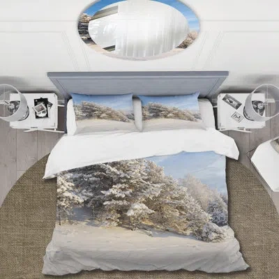 Design Art Blue Sky Over Winter Landscape Ii - Cabin & Lodge Duvet Cover Set - Microfiber Polyester In Blue;white