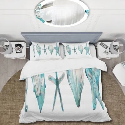 Design Art Blue Starfish And Shell - Nautical & Coastal Duvet Cover Set - Microfiber Polyester In Turquoise,ivory