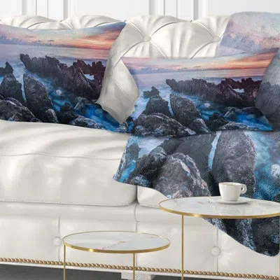 Design Art Blue Sunrise Over Coast Of Sicily - Sea & Shore Printed Throw Pillow