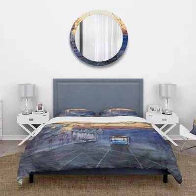 Design Art Blue Tram At Sunset With Church During Sunset - Nautical Duvet Cover Set - Microfiber Polyester In Blue,yellow;blue,yellow