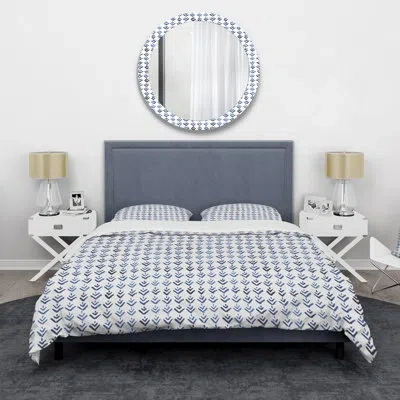 Design Art Blue Triangular Geometrics - Mid-century Modern Duvet Cover Set - Microfiber Polyester In Blue,white