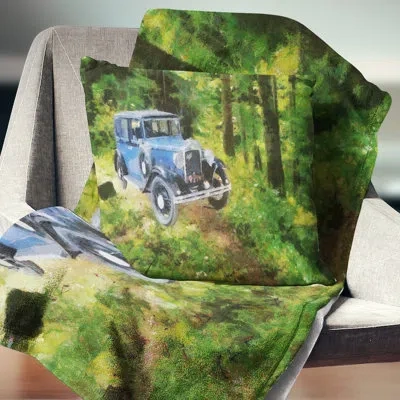 Design Art Blue Vintage Car Oil - Cars Printed Throw Pillow