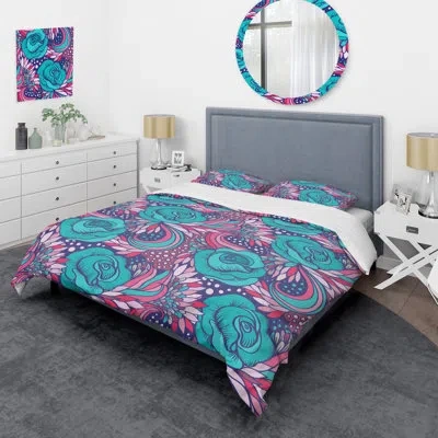 Design Art Blue Vintage Flowers - Cabin & Lodge Duvet Cover Set In Blue,pink