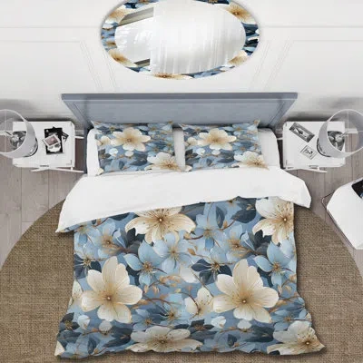 Design Art Blue Vintage Romance Floral Pattern - Floral Duvet Cover Set - Microfiber Polyester In Blue;beige