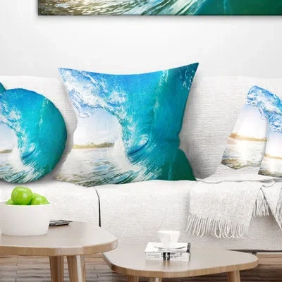 Design Art Blue Waves Arch - Sea & Shore Printed Throw Pillow In Blue;white