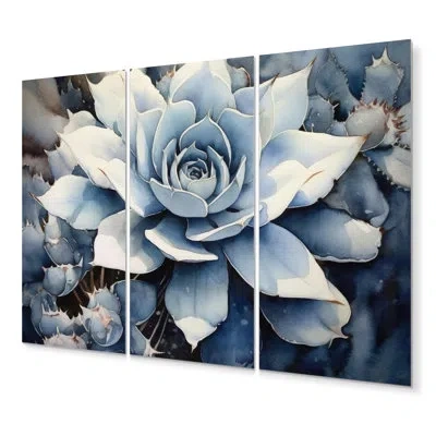 Design Art Blue White Cactus Minimal Collage I - Floral Metal Art Print Set In Blue;white
