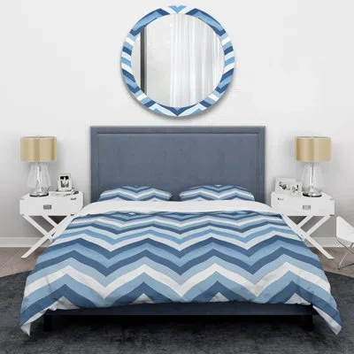 Design Art Blue White Chevron Print Ii - Modern Duvet Cover Set In Blue;white