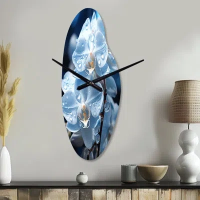 Design Art Blue White Flower Field Pearlescent Orchids - Asymmetrical Traditional Metal Wall Clock, Curved Wall In Blue;white